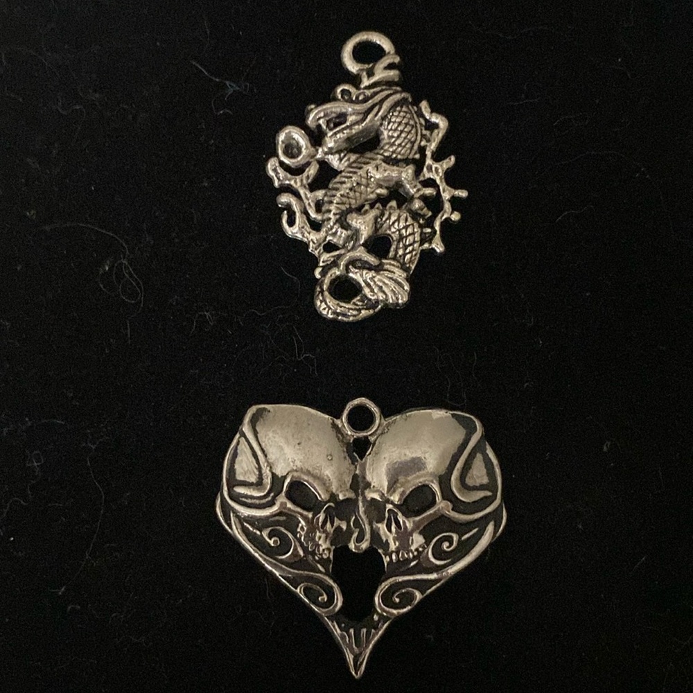 Skull in Heart and Serpent Silver Tone Pendants